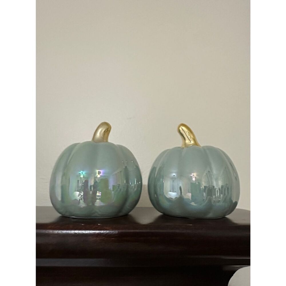 Pistachio Green Holographic Gold Tone Mini Ceramic Pumpkins x 2 3.5 inch / 8 cm